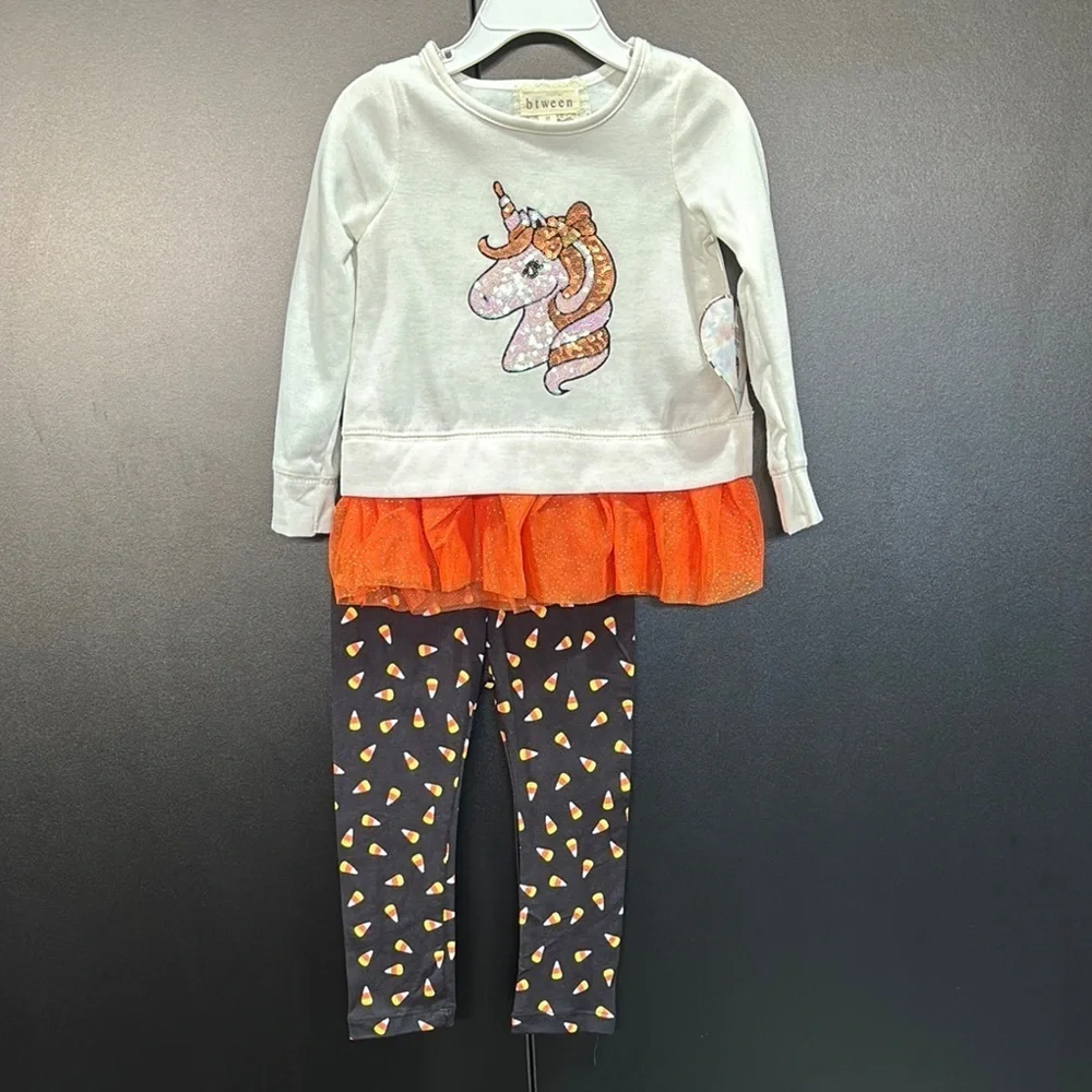 btween 2 pc.Sequin Sparkle Unicorn long sleeve, net ruffle,candy corn leggings - Picture 1 of 5